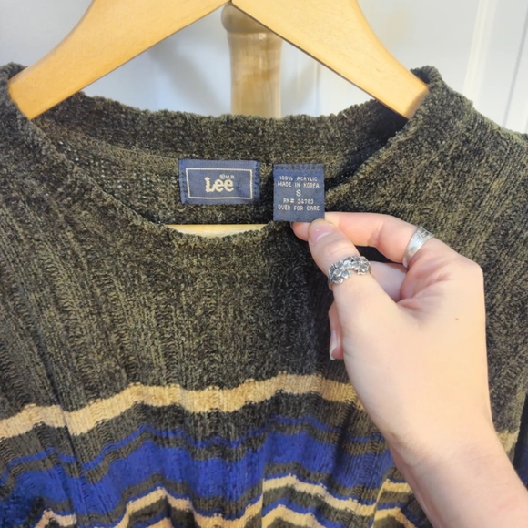 Vintage 2000s Y2k Acrylic Shiny Knit Cropped Sweater Green Stripe Womens S* - Picture 2 of 8